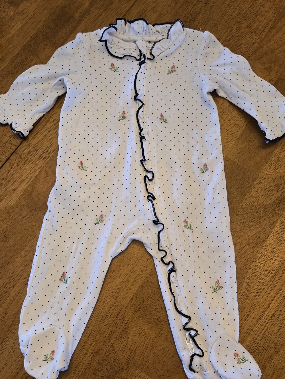 Little Me White Footie with Navy Trim and Tiny Floral Embroidery